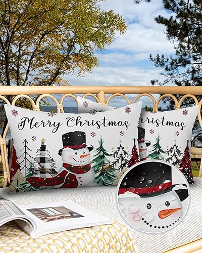 Miniatura 9 de Edwiinsa Outdoor Pillow Covers Waterproof, Red Snowman All Weather Cushion Case Set of 2, Christmas Buffalo Gree Tree Snowflake Decorative