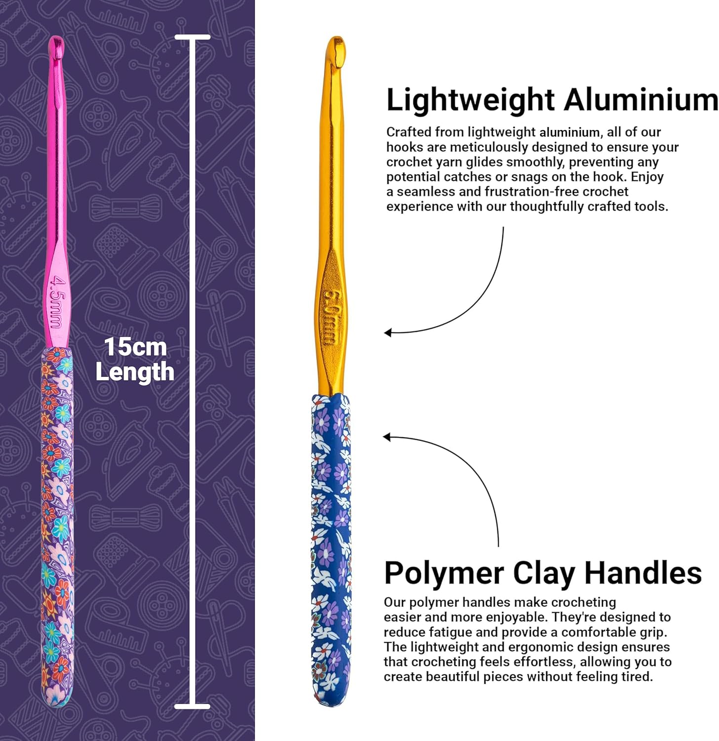 キルトクマのかぎ針編みフック - プレミアムソフトグリップ 花柄かぎ針フック 人間工学ポリマー粘土ハンドル フルレンジフックサイズ利