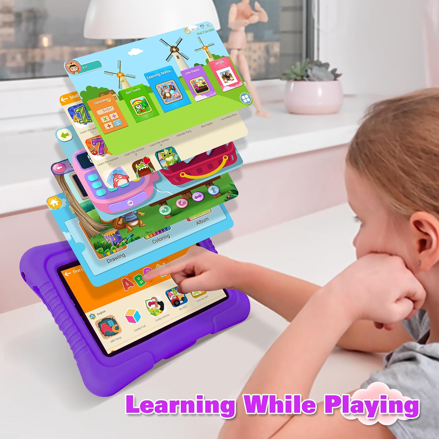 A child interacting with the Veidoo Kids Tablet, which displays various educational app icons floating above it, symbolizing 'Learning While Playing'.
