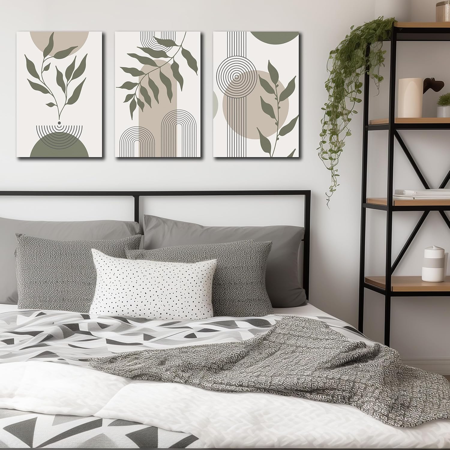 Boho Canvas Wall Art for Bathroom Green Bohemian Wall Decor for Bedroom Living Room Modern Home Office Decor Ready to Hang 12 x 17.5 Inch 3 Panels