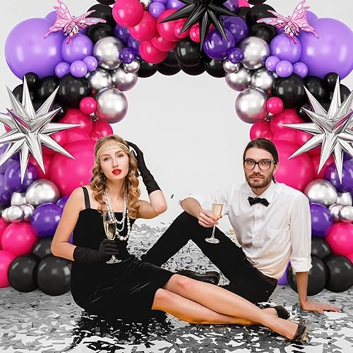 Miniatura 4 de Kit de arco de globos de color rosa intenso y morado, guirnalda de globos morados y negros con globos de papel de aluminio de estrella para bodas,