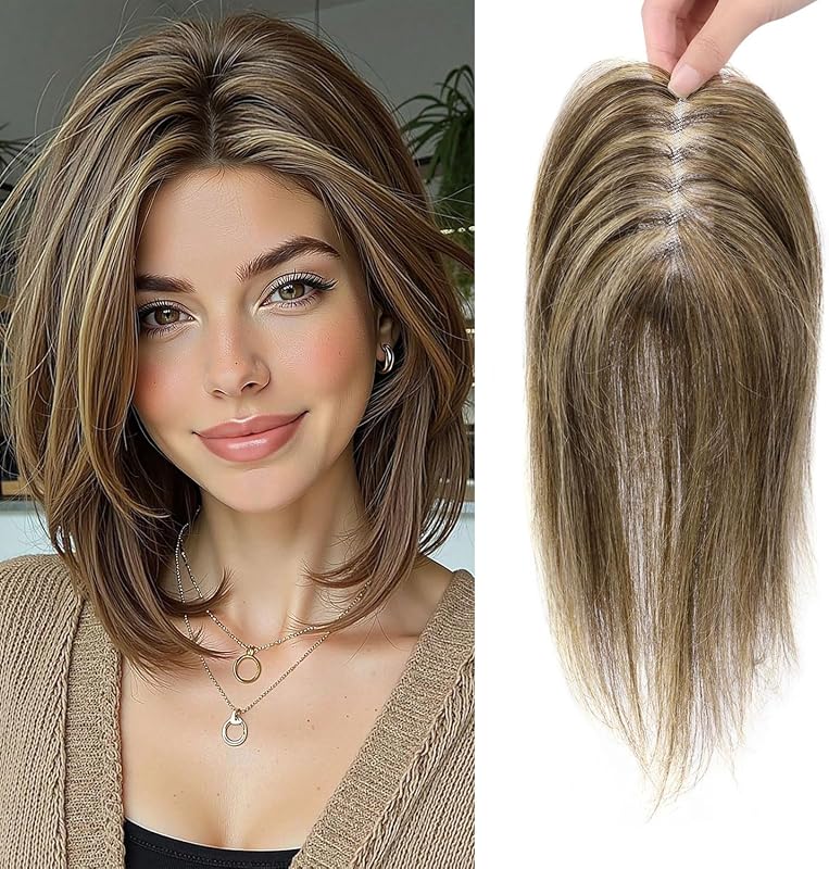 VASILIA Hair Toppers for Women Real Human Hair Short Hair Pieces for Women Hair Toppers for Women with Thinning Hair 3.2 * 4.3inch Swiss Base with 3 Clips, Medium Brown with Warm Blonde Highlights