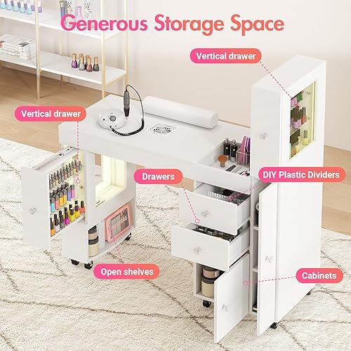 Miniatura 7 de Mesa de manicura para tecnología de uñas con gabinete de exhibición de luz LED, escritorio de uñas con ruedas bloqueables, colector de polvo,