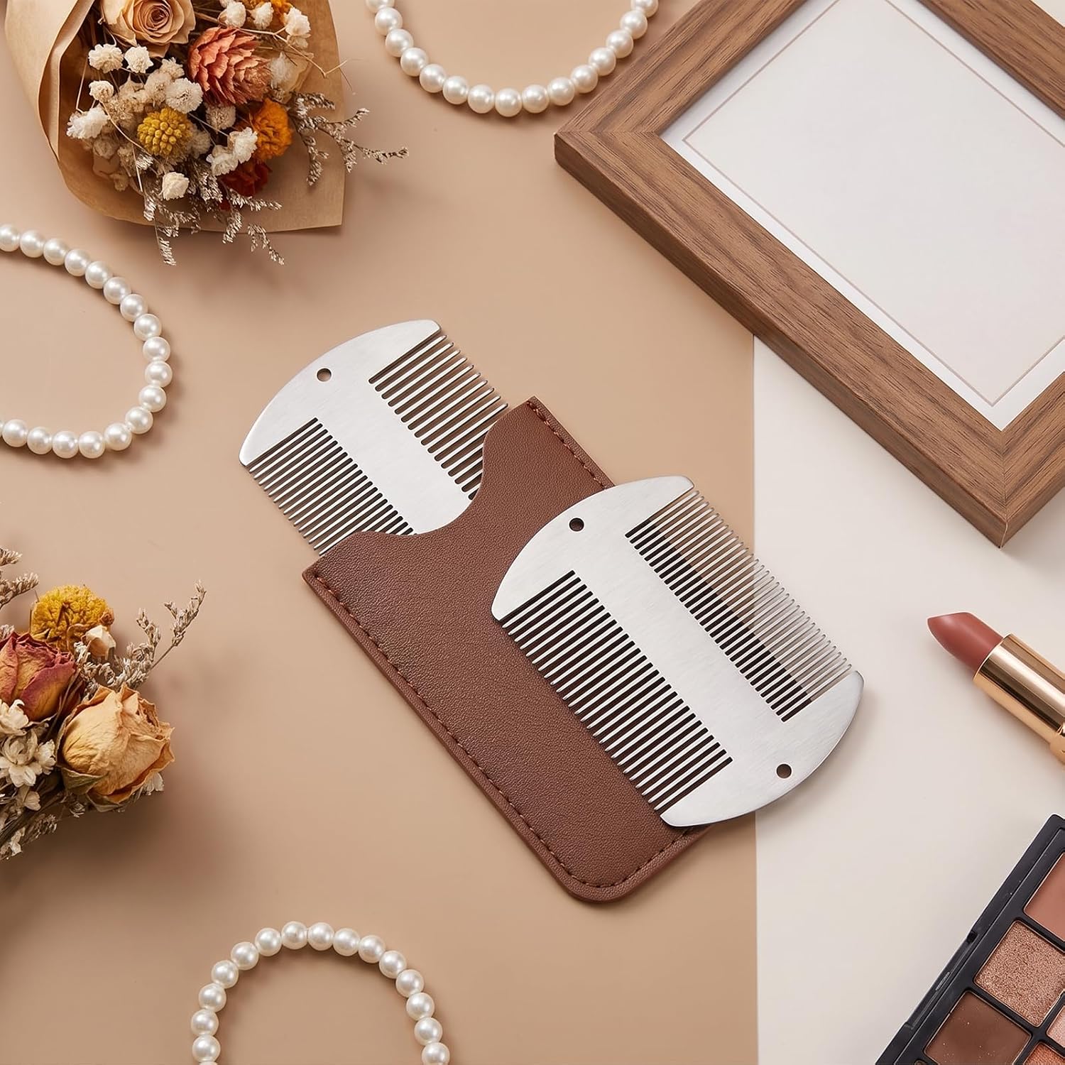 Mustache Comb for Men, Stainless Steel Pocket Beard Comb with Leather Case