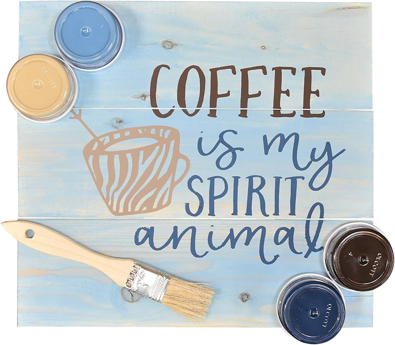 DIY Art In A Box - Wood Sign Painting Kit - "Coffee Is My Spirit Animal" Stencil, Paint, Brushes and Wood Included -12"x12"