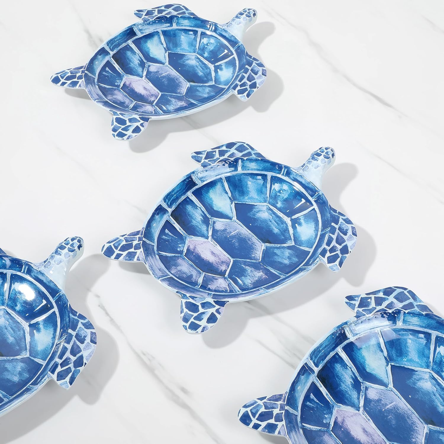UP UPware Indigo Sea Turtle-Shaped Melamine Dessert Plates - Ocean Theme, BPA-Free, Dishwasher Safe, for Dessert, Snacks, Appetizers, and Fruit, Blue, 7.5 x 6 Inch, Set of 4