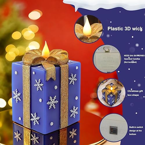 Miniatura 3 de Velas de Navidad sin llama que funcionan con pilas, caja de regalo pintada a mano azul con forma de cera real parpadeante, velas LED eléctricas con