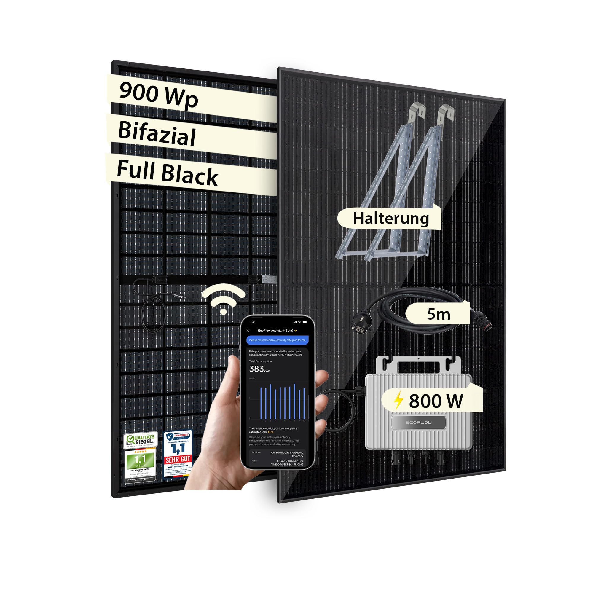 VALE Balkonkraftwerk Bifazial 900 Wp Full Black - EcoFlow Stream Wechselrichter 800 W - Set mit Universalhalterung - 5m AC-Kabel - inkl. App-Steuerung | EcoFlow Stream Wechselrichter 800 W, Set mit Universalhalterung, 5m AC-Kabel, inkl. App-Steuerung