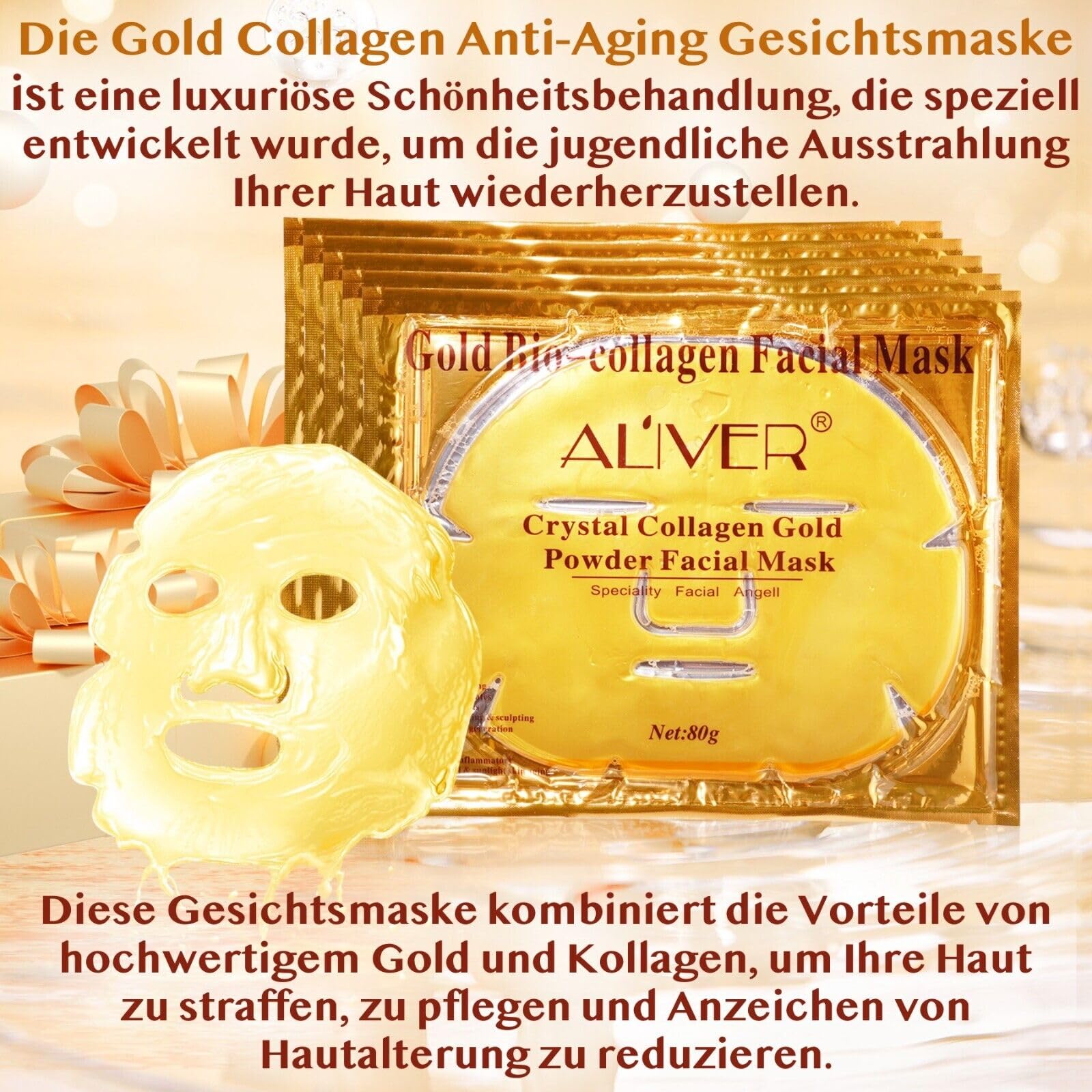 Geschenkset: Luxus Bio-Gold Set 24K Gold Collagen - 5x Gesichtsmaske, 10x Lippenmaske, Goldessenz Gesichts Serum, 60x Augenpads - Komplettes Gesichtspflege & Anti-Aging Geschenkset - 76 Pflegeprodukte