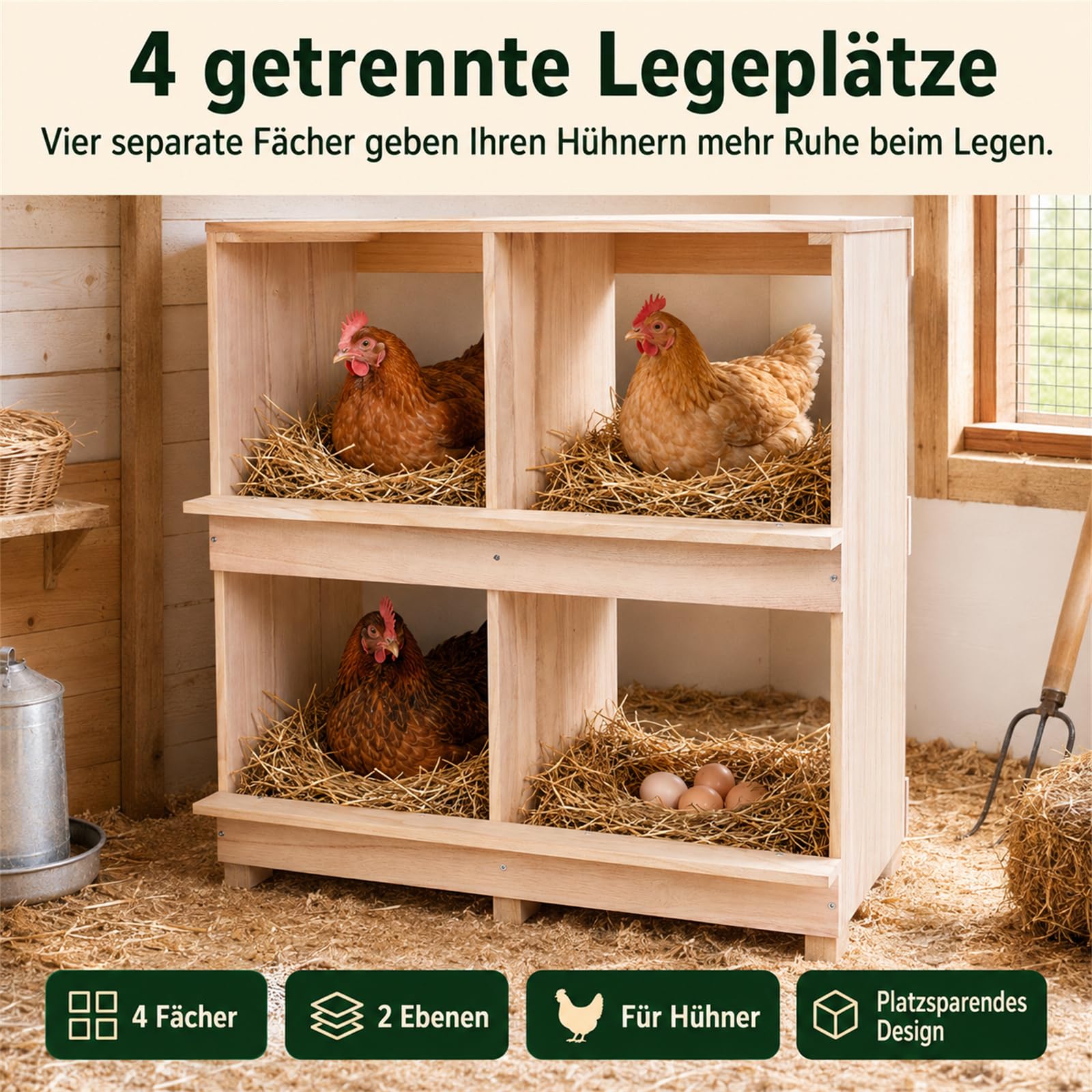 Legenest dla kur, 4 przegródki, drewniane gniazdo z otworami wentylacyjnymi po obu stronach, izolujące gniazdo dla kurników, bezpieczne składanie jaj i optymalny klimat dla kurników, dla kur i drobiu