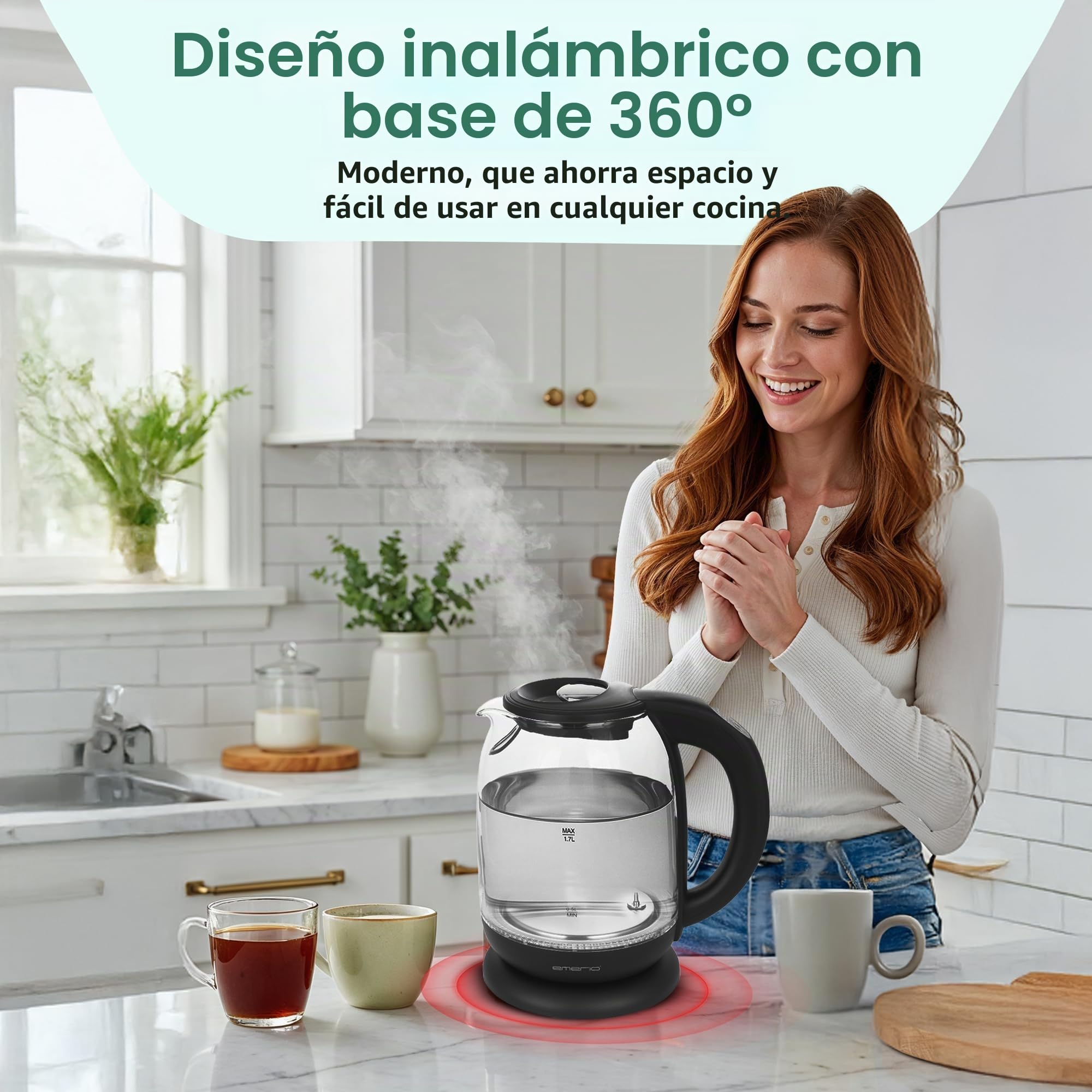 Emerio WK-119255 Hervidor De Agua Eléctrico Cristal, 2200 W, 1.7 litros, Acero Inoxidable, Transparente Negro [Clase de eficiencia energética A+]