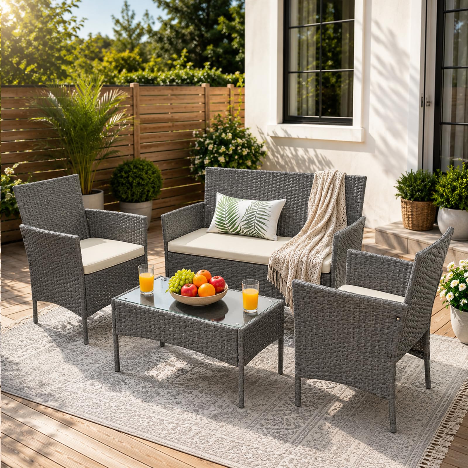 Sulwena Rattan Garden Furniture Set, 4 Piece Outdoor Patio Rattan Garden Sofa Sets with Chairs, Coffee Table, Cushions Weather-Resistant for Backyard, Deck or Conservatory