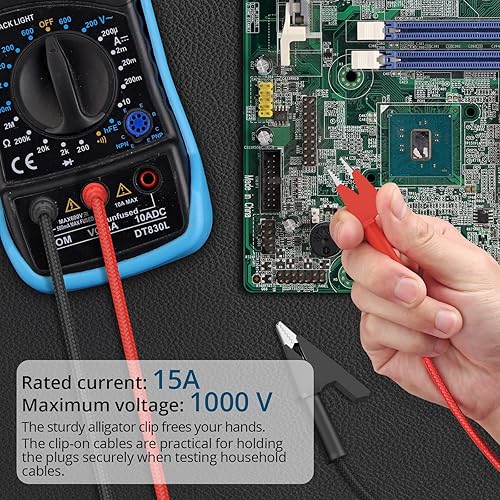 Miniatura 11 de 1 par de cable de prueba de enchufe de plátano a clip de cocodrilo, 39.4 in/3.28 pies, corriente nominal de 15 A, voltaje máximo de 1000 V, cable
