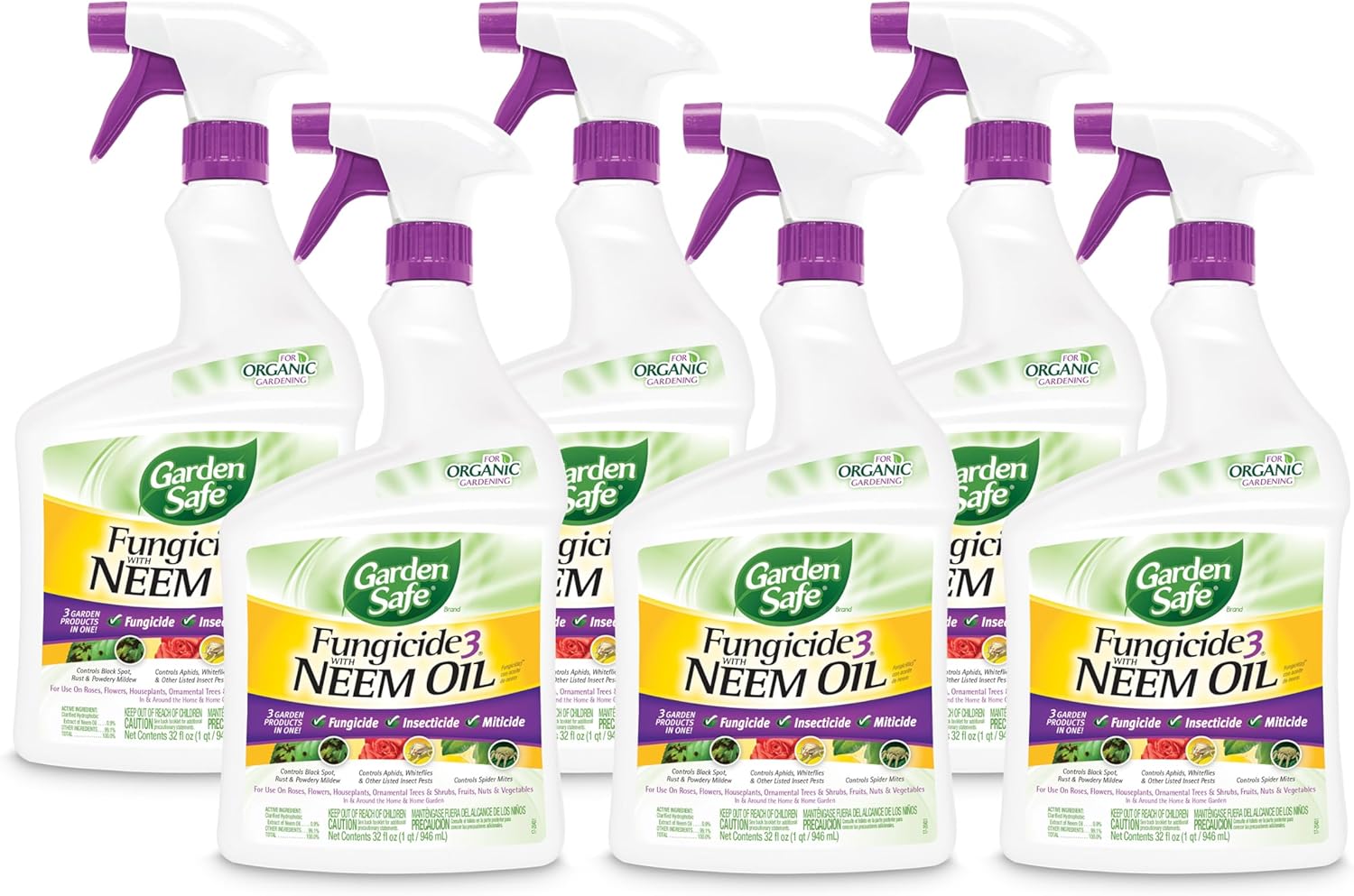 Garden Safe Brand Fungicide3 with Neem Oil, 32 Fluid Ounces, 3 Garden Products in 1 for Organic Gardening, Fungicide, Insecticide and Miticide Kills Eggs, Larvae and Adult Insects, 6 Pack