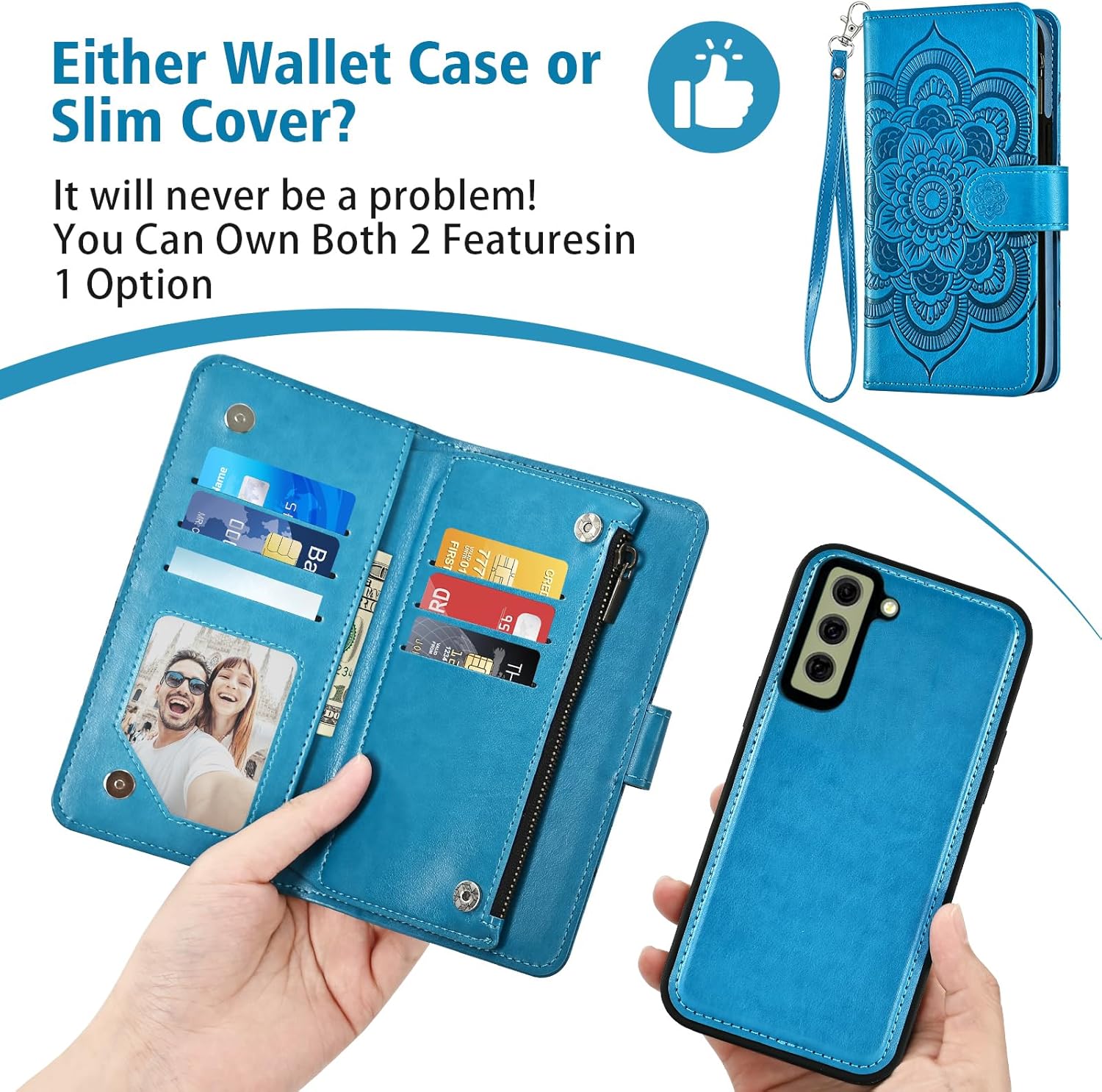 Asuwish Phone Case for Samsung Galaxy S21 FE 5G Zipper Wallet Cell Cover with Tempered Glass Screen Protector Strap Mandala Flower Card Holder S 21 EF S21FE5G UW S21FE 21S G5 6.4 inch Women Girls Blue