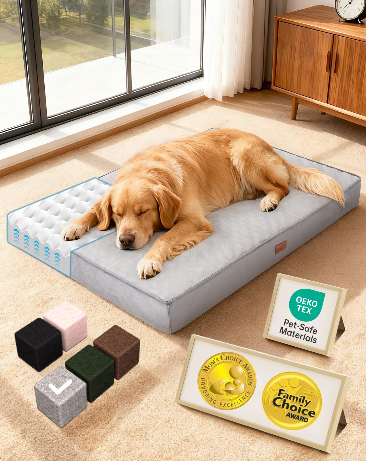 OhGeni Orthopedic Waterproof Dog Bed for Large Dogs, Machine-Washable Removable Cover in Easy-Clean Fabric, High Density Foam & Easy-Carry Handle, Suitable for Crate, 41 inch (Gray)