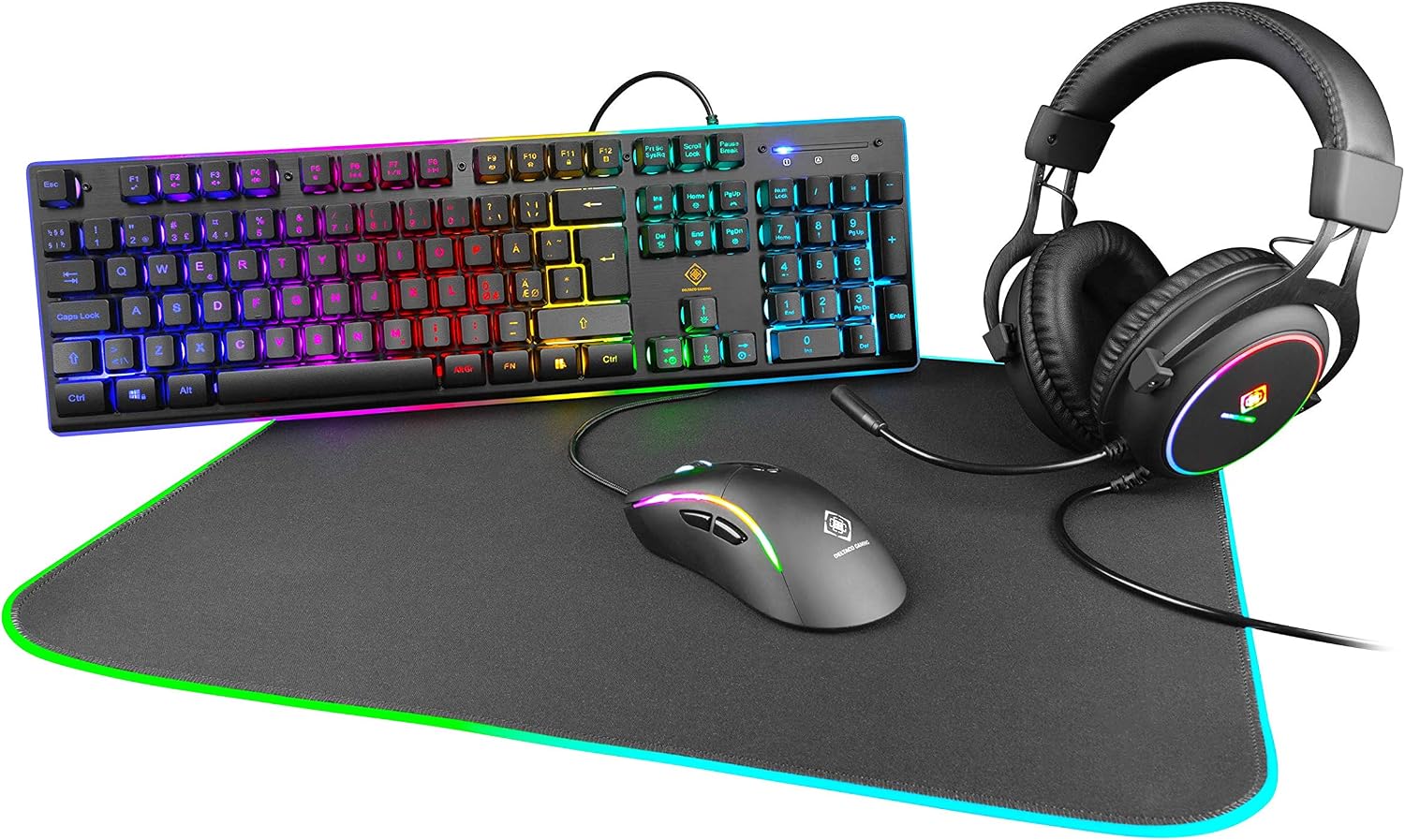 DELTACO GAMING 4-in-1 RGB Kit: Fullsize Membrane Keyboard & Mouse, UK Layout