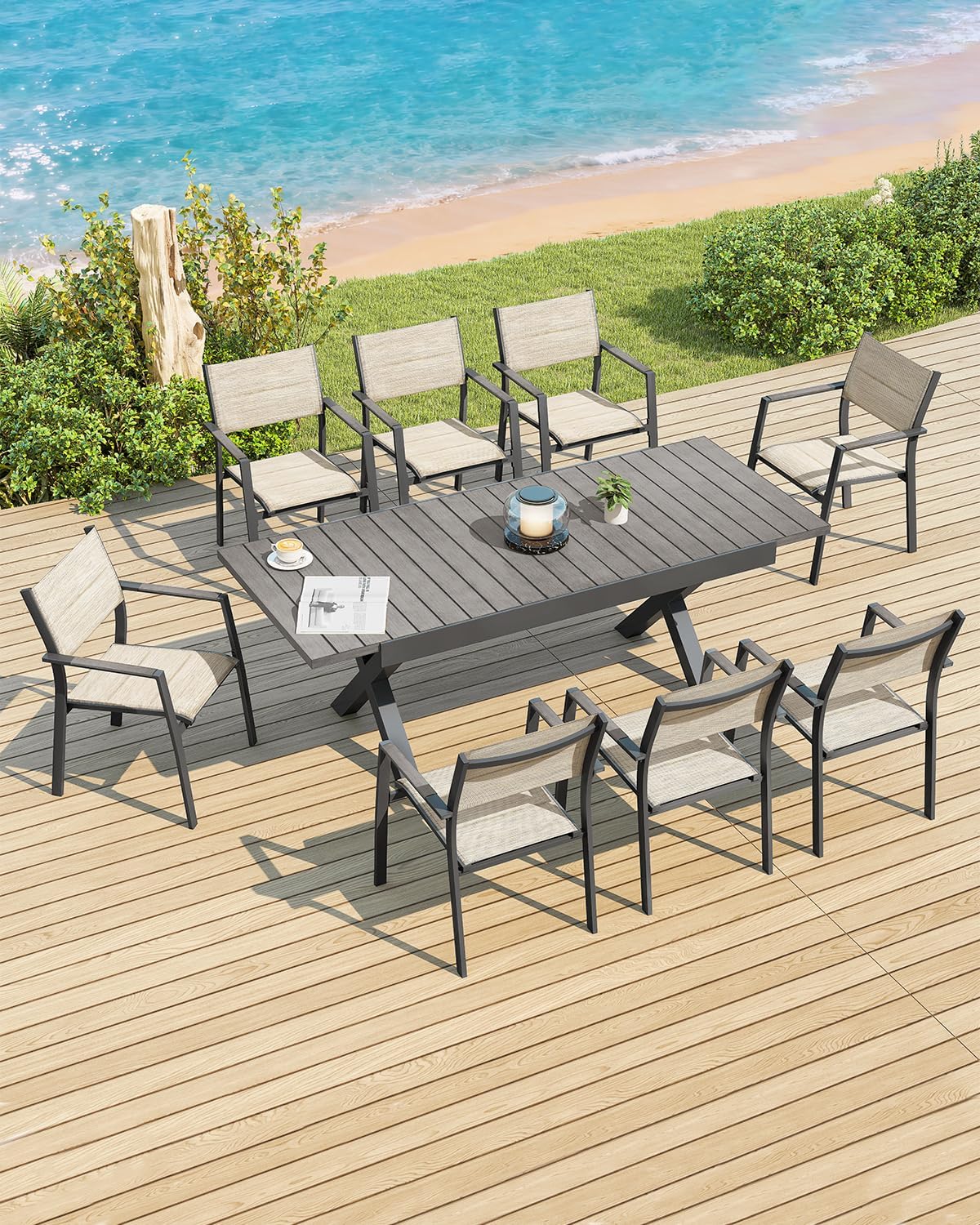 Expandable Outdoor Dining Table for 8 Person, Never-Rust Aluminum Patio Dining Table, 63''-83'' Extendable Dining Table with Umbrella Hole for Backyard Deck Indoor or Outdoor Meals, Limed Oak