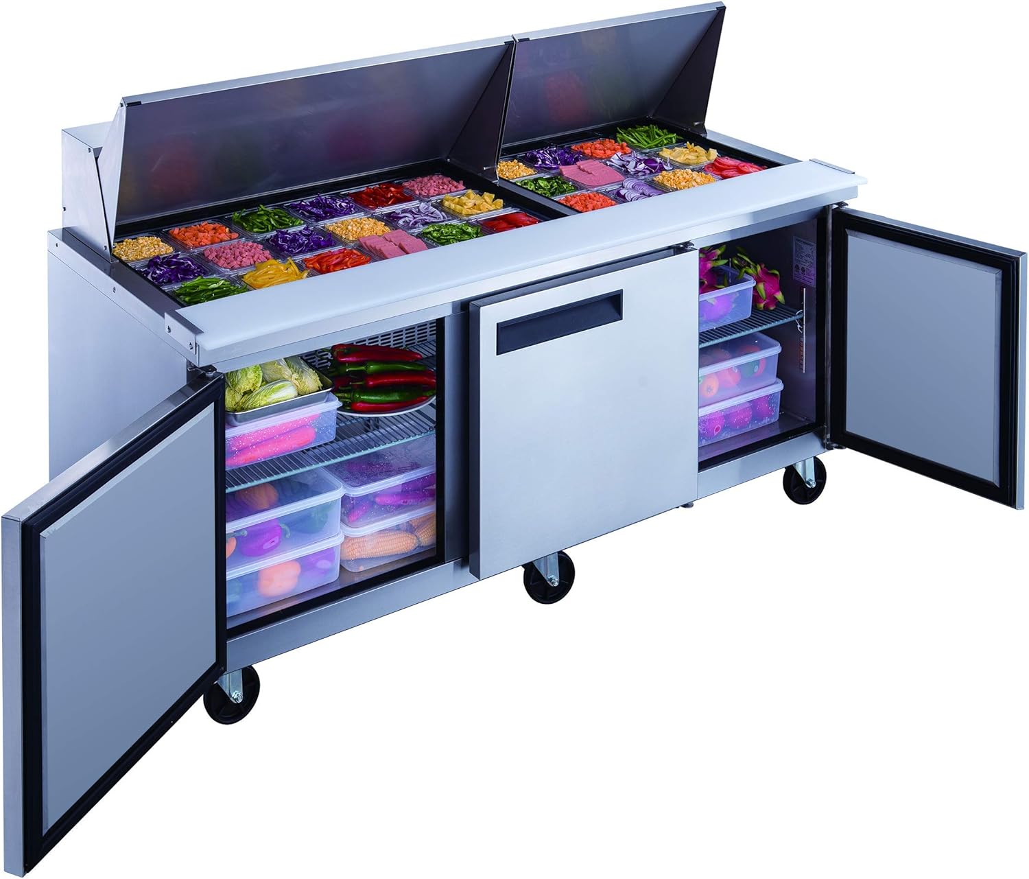 Dukers DSP72-30M-S3 Commercial Food Prep Table with doors open, showcasing food containers and preparation area.