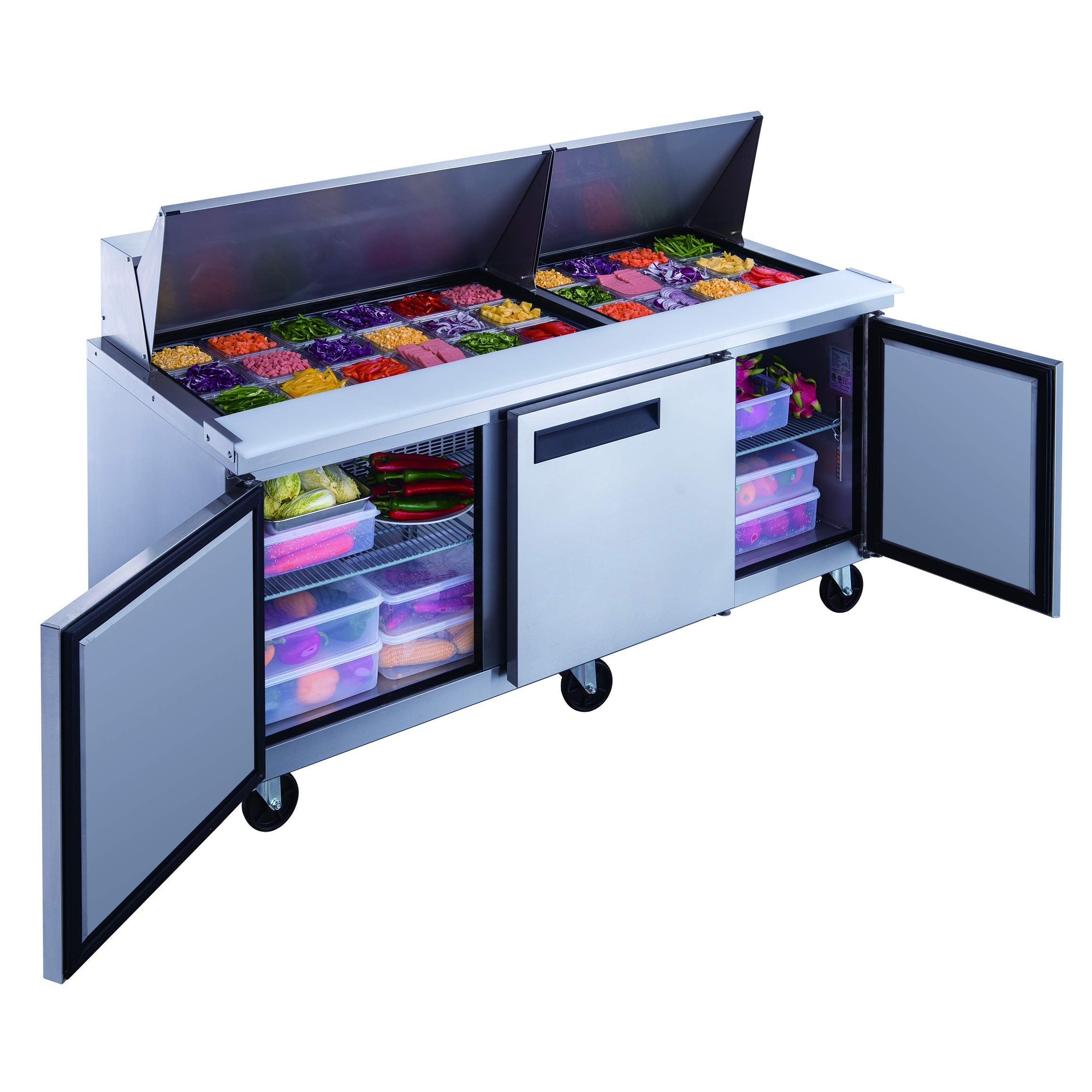 Dukers Dsp72-30m-S3 17.5 Cu. Ft. 3-Door Commercial Food Prep Table Refrigerator In Stainless Steel With Mega Top, Nsf on Fridge.com - View 2