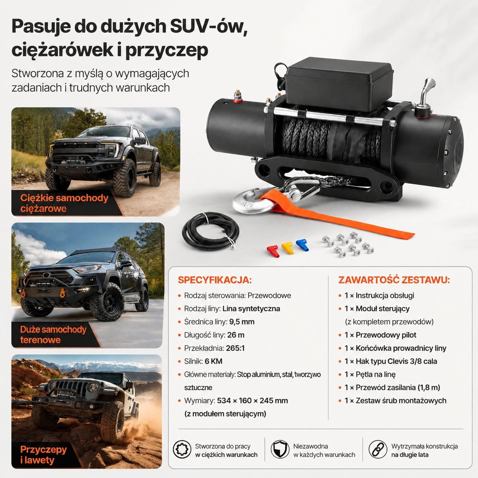 Wyciągarka elektryczna 6100 kg 12 V DC z liną syntetyczną i hakiem widełkowym do pojazdów terenowych, jeepów, przyczep, łodzi