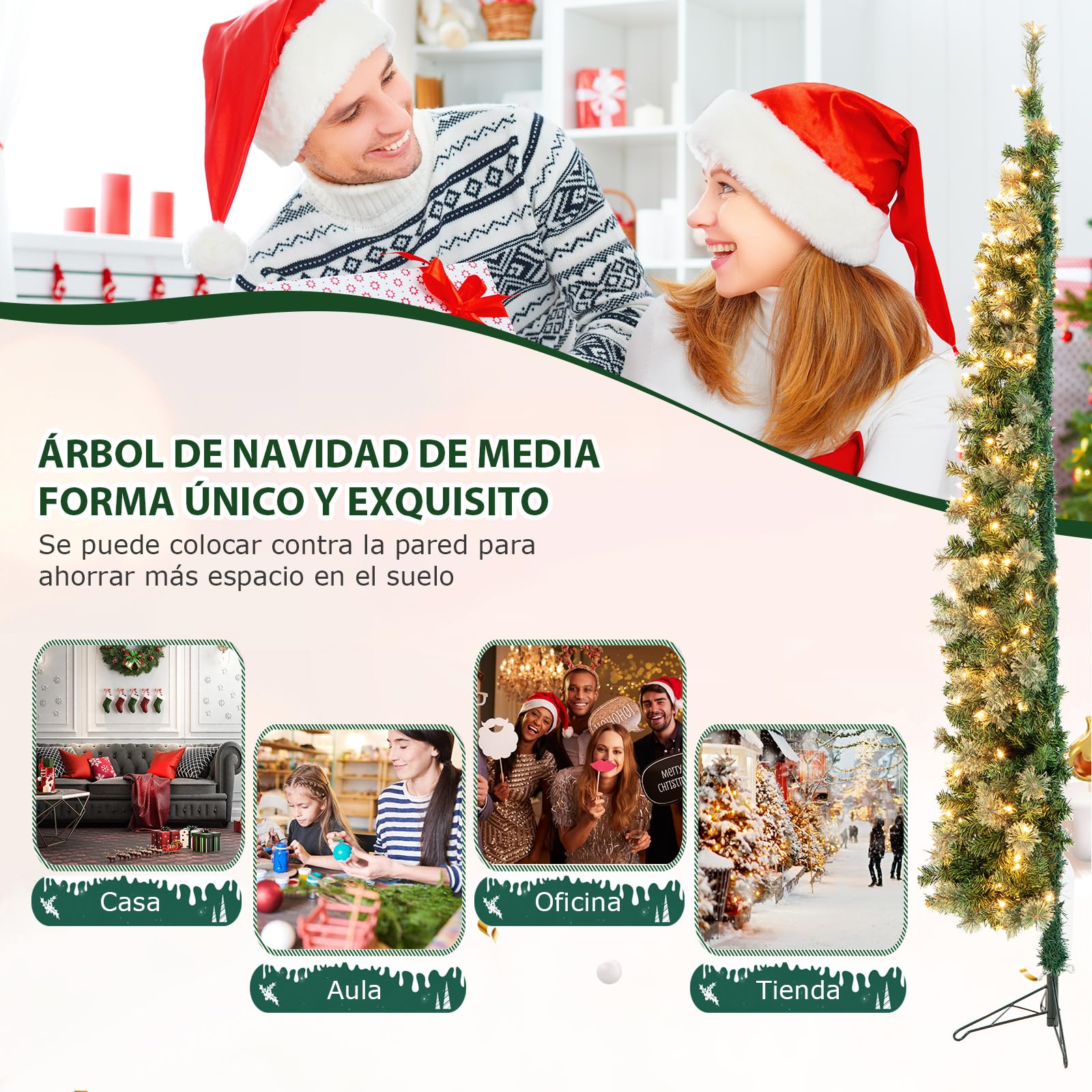 COSTWAY Medio Árbol de Navidad Slim/Estrecho con Luces 210cm, Arboles de Navidad Delgado, 403 Ramas PVC, Arbol de Navidad con Luces Incorporadas 150 Luces LED，Arvore de Natal Casa/Oficina