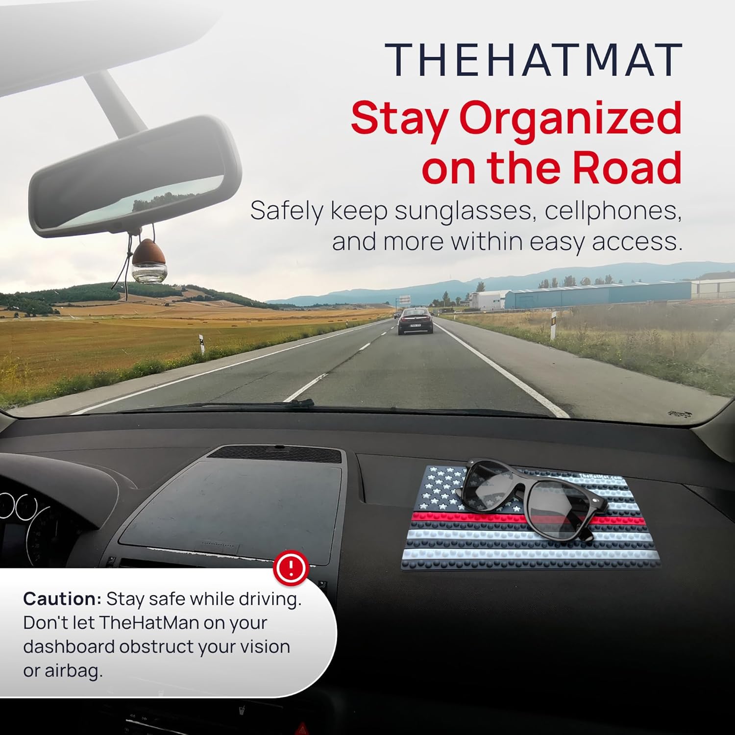 Dashboard Hat Mat Holder - Extra-Large Cowboy Hat Holder for Truck, Anti-Skid Pad for Accessories & Valuables, Premium Protection for Armrest, or Seat, No Adhesives Needed, Thin Red Line