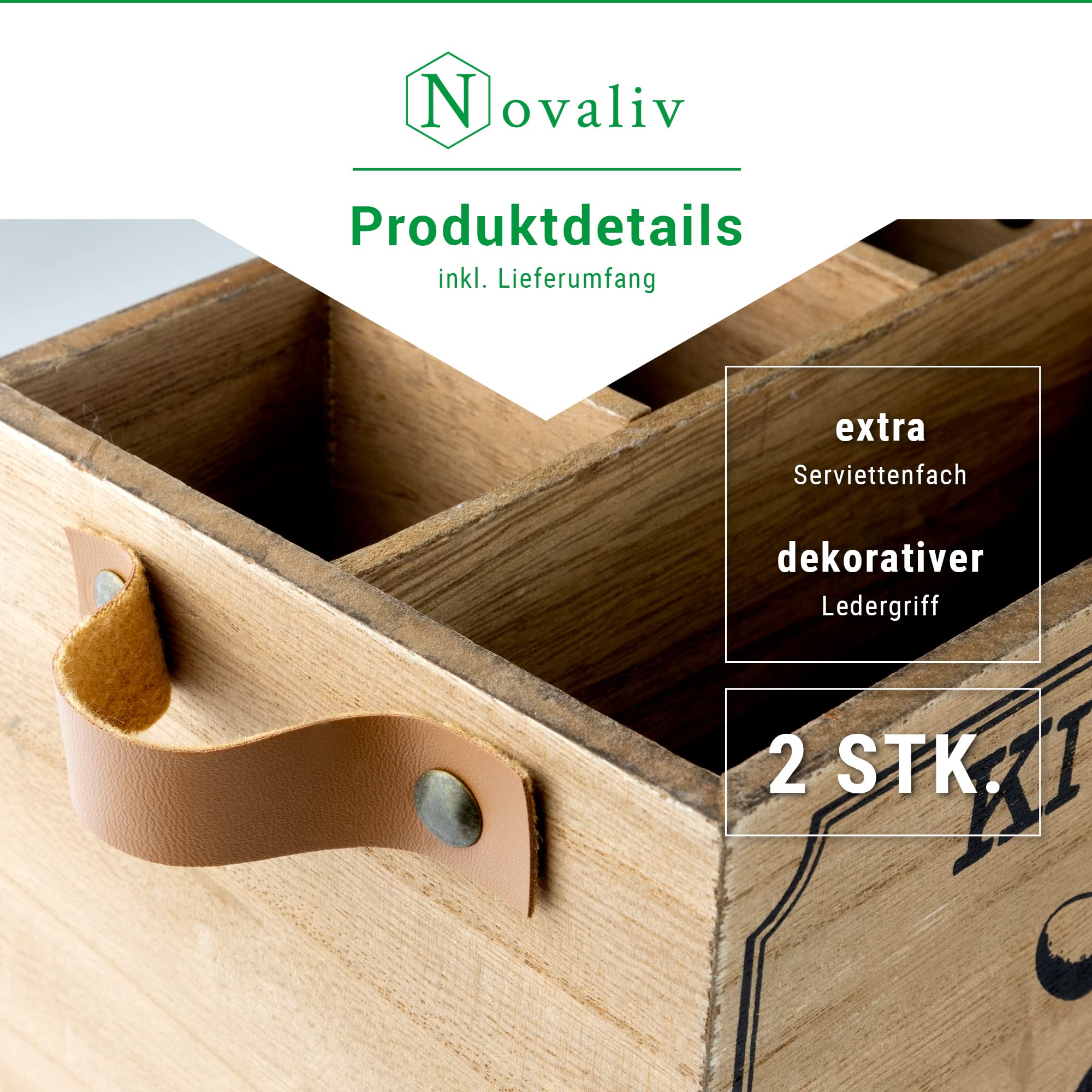 Novaliv 2 Piece Kitchen Utensil Holder with 4 Compartments and Leather Handles Cutlery Basket Made of High Quality Wood 17 x 12.5 x 12.5 cm Utensil Holder Utensil Rack Utensil Holder Utensil Holder