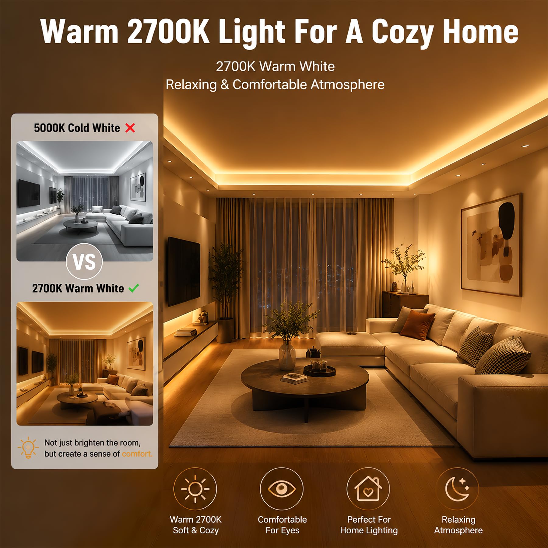 sylvwin Taśma LED COB 10 m, 2700 K, ciepła biel, możliwość ściemniania, elastyczna listwa oświetleniowa do podszafki, podświetlenie TV, blat kuchenny, dekoracja domu