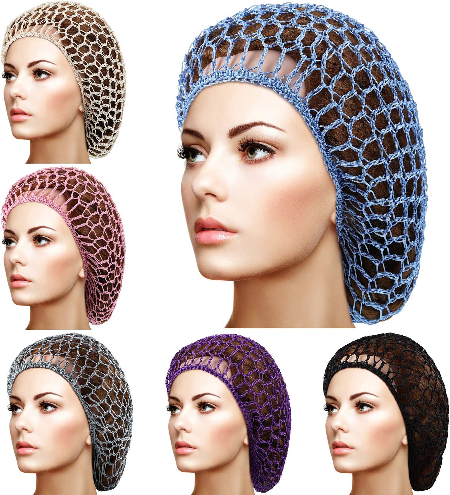 Geyoga6 Pieces Mesh Hair Net Soft Rayon Knit Snood Hat Sleeping Crochet Hairnet Long Hair Net Snoods Cover Hair Covers for Women Hair Accessories (Black, Blue, Pink, Purple, Gray, Khaki)