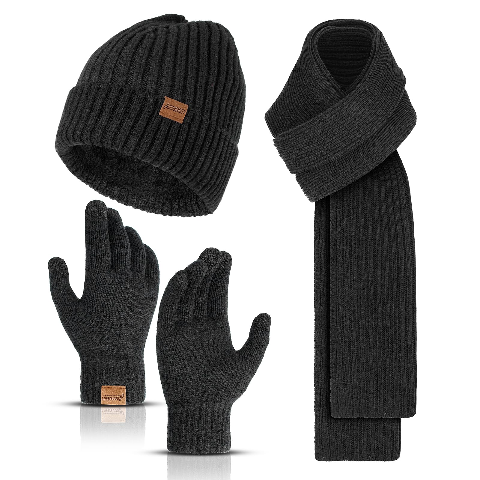 HonnesserryWinter Hats Scarf for Men with Touchscreen Gloves Men's Scaves and Beanie Hat Themal Glove Set for Men Women