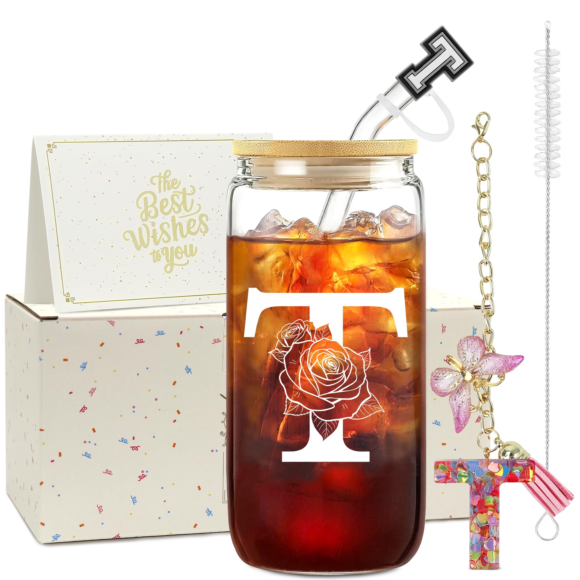 ZIOSINM A-Z Initial Iced Coffee Cup, Personalised Glass Birthday Gifts for Women, Gifts for Mum, Friends, Teenage Girls and Sisters, Iced Coffee Glass Cup with Lids and Straws (T)