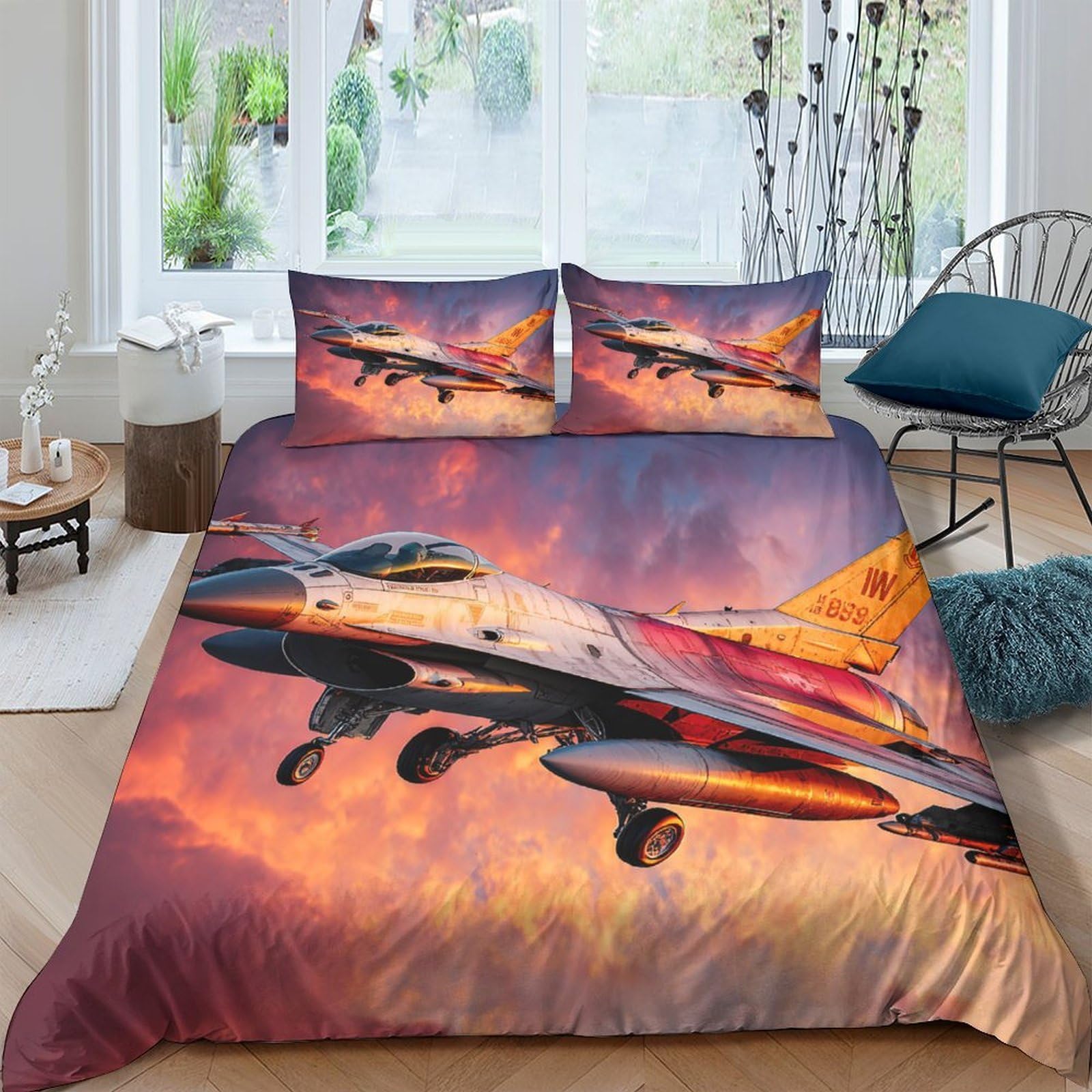 Ctjqhvkz Style-10 3D Printed Fighter Jet Sunset Fitted Sheet Microfiber Breathable Anti-Slip Bed Cover For Bedroom Dorm Decor Single（135X200cm）
