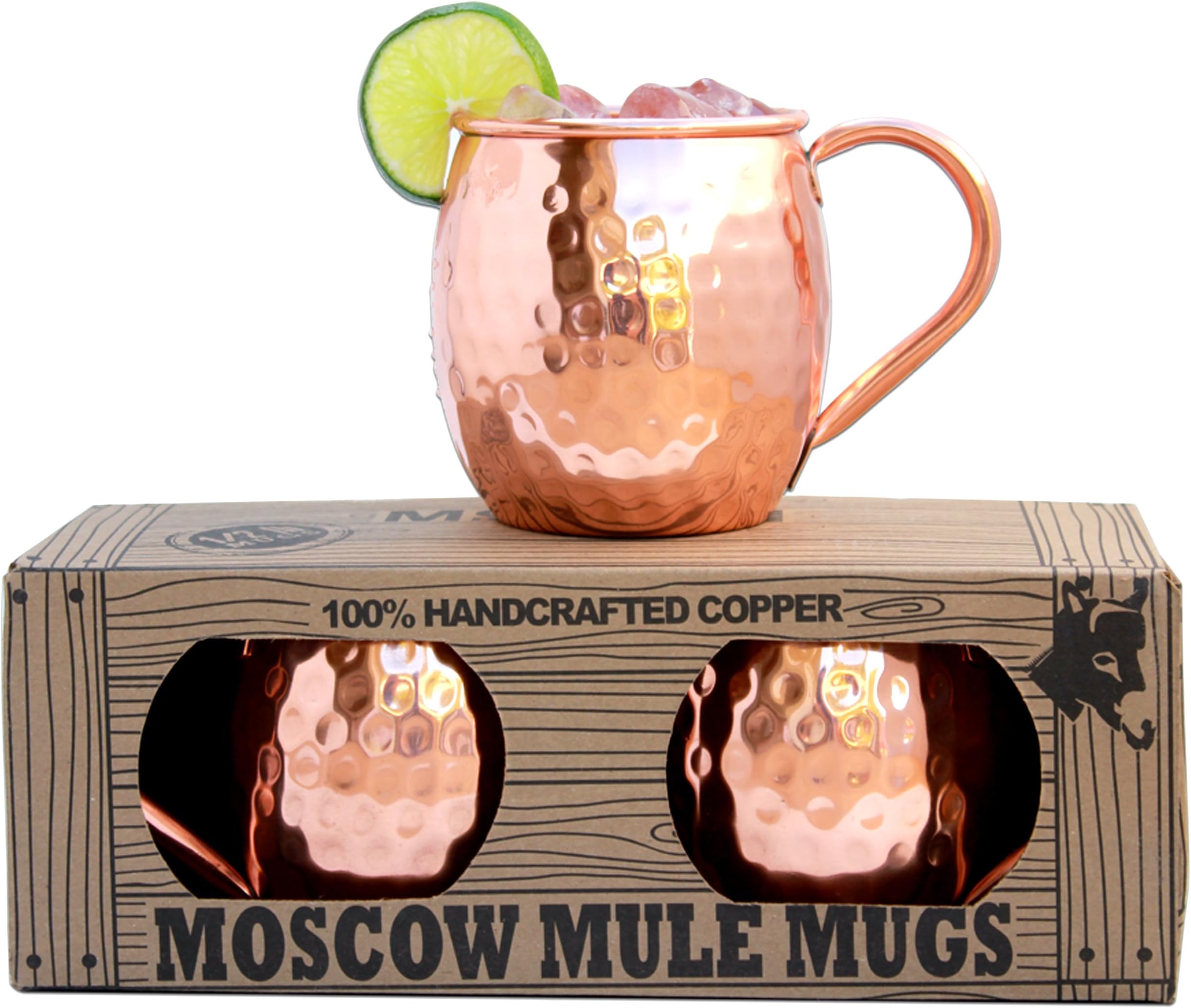 Moscow Mule Mugs - Set of 2 - Premium 1/2 Pound Mugs - 100% Solid Copper - Hammered Finish - 16oz
