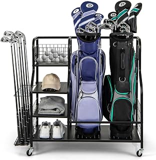 GYMAX Golf Storage Rack, Extra Large Golf Bag Stand Storage Rack with Lockable Universal Wheels and Removable Hooks, All-in-1 Golf Garage Organizer for Golf Clubs