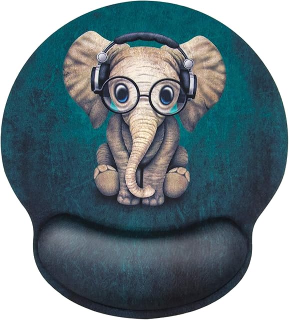 EFISH Ergonomic Mouse Pad with with Memory Foam Rest,Personality Cute Green Patterned Earphone Music Elephant,Pain Relief Comfort Pad,with Non-Slip Rubber Base,Suitable for Computer,Office,Home
