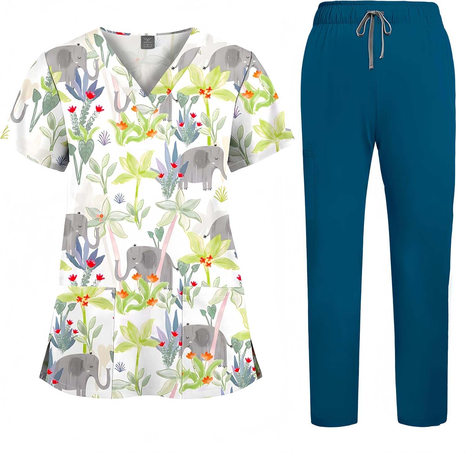 Printed Scrubs Medical Proffesional V Neck Short Sleeve Stretch with Drawstring Pants Functional Workwear