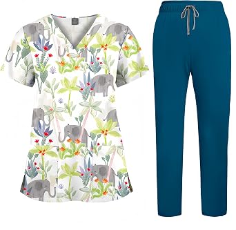 Printed Scrubs Medical Proffesional V Neck Short Sleeve Stretch with Drawstring Pants Functional Workwear