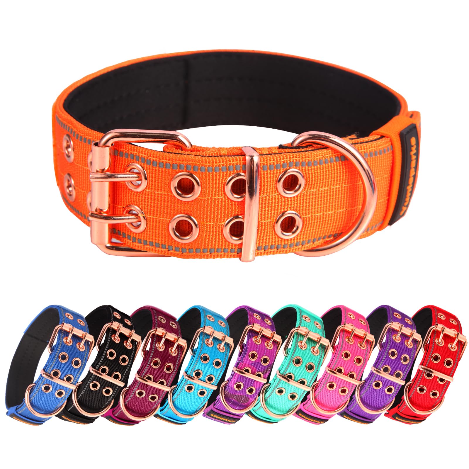 Yunleparks Heavy Duty Tactical Dog Collar with Neoprene Padded and Metal Buckle, Reflective Nylon for Medium to Large Dogs(Orange, Medium)