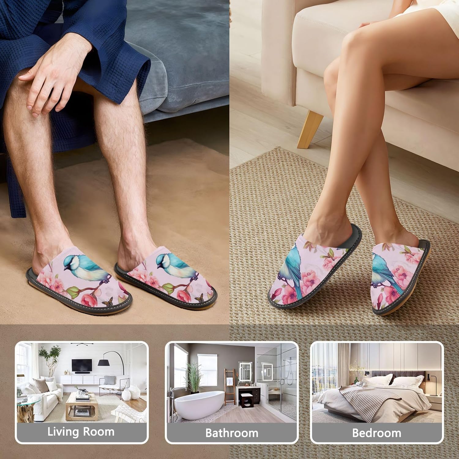 Birds Peach Blossom House Slippers – Cozy Fuzzy Slippers for Guests, Washable & Disposable, Perfect for Shoeless Home, Spa & Hotel Use A112893
