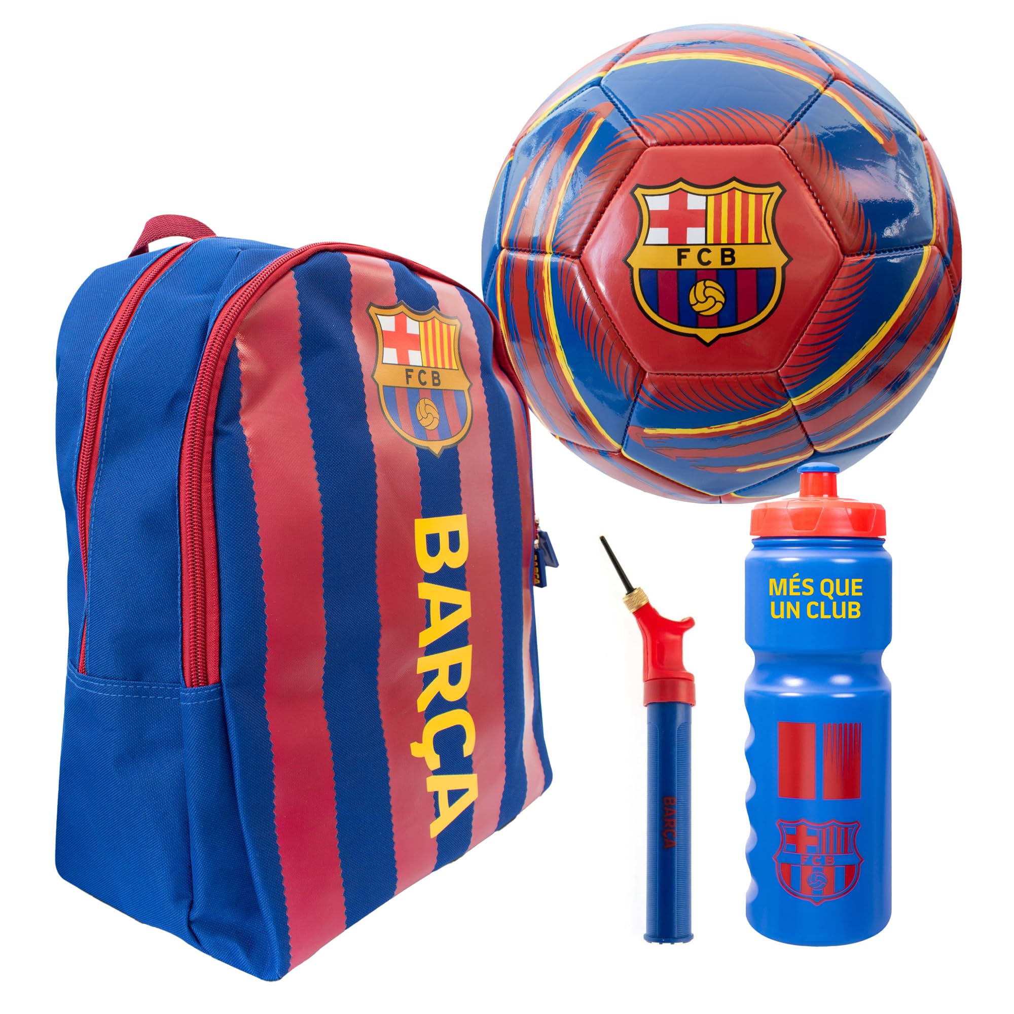 Hy-Pro FC Barcelona - Juego de fútbol con licencia oficial, pelota tamaño 5, mochila, bomba y botella de 750 ml, regalo completo de fútbol para niños y niñas con marca oficial del club, rojo y azul