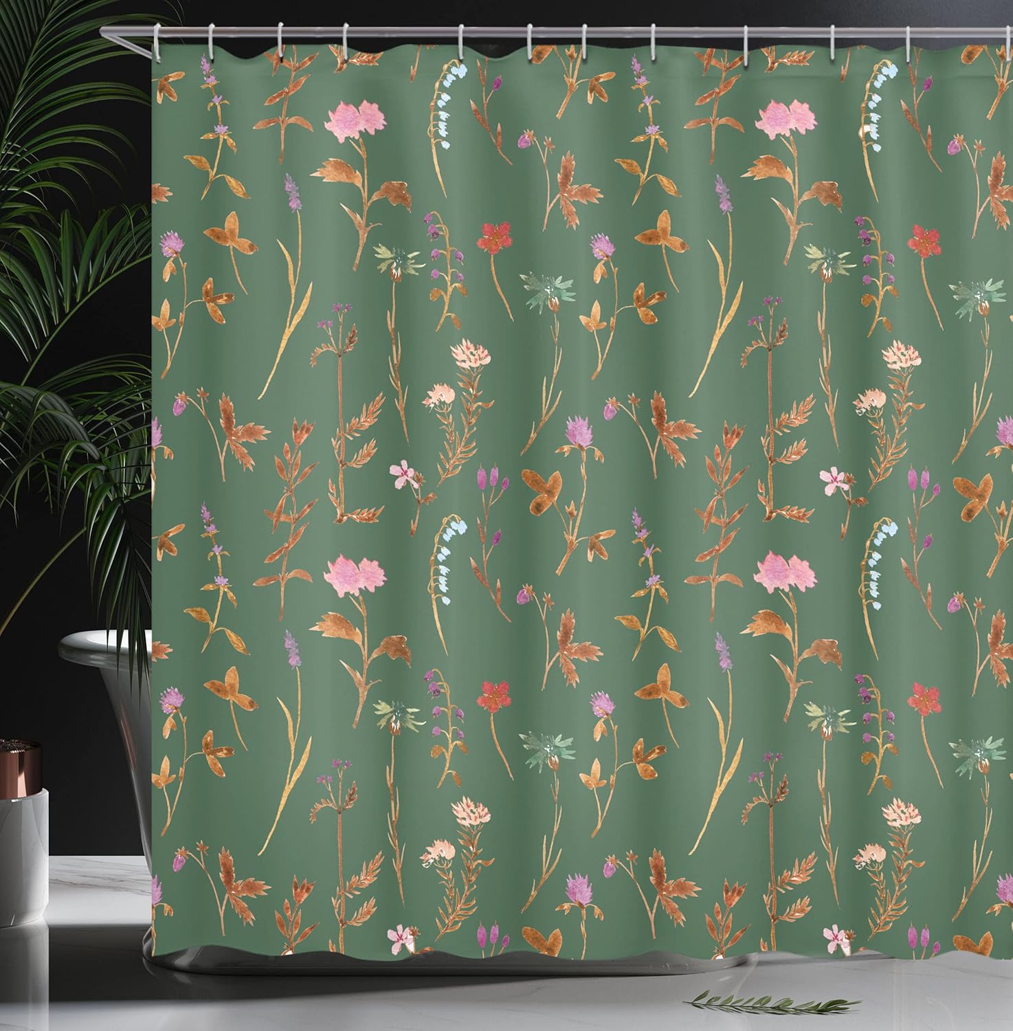 Ambesonne Floral Shower Curtain, Spring Season Themed Watercolors Painting of Herbs Flowers Botany Garden Artwork, Cloth Fabric Bathroom Decor Set with Hooks, 69" W x 84" L, Green Reseda