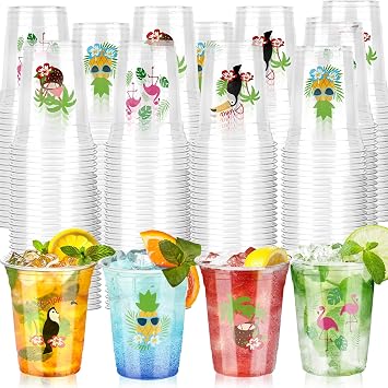 100 Pcs Hawaii Laua Cups, 12 oz Pool Party Disposable Plastic Cups Tiki Aloha Flamingo Tropical Pineapple Drinking Cups for Summer Beach Hawaiian Birthday Party Supplies