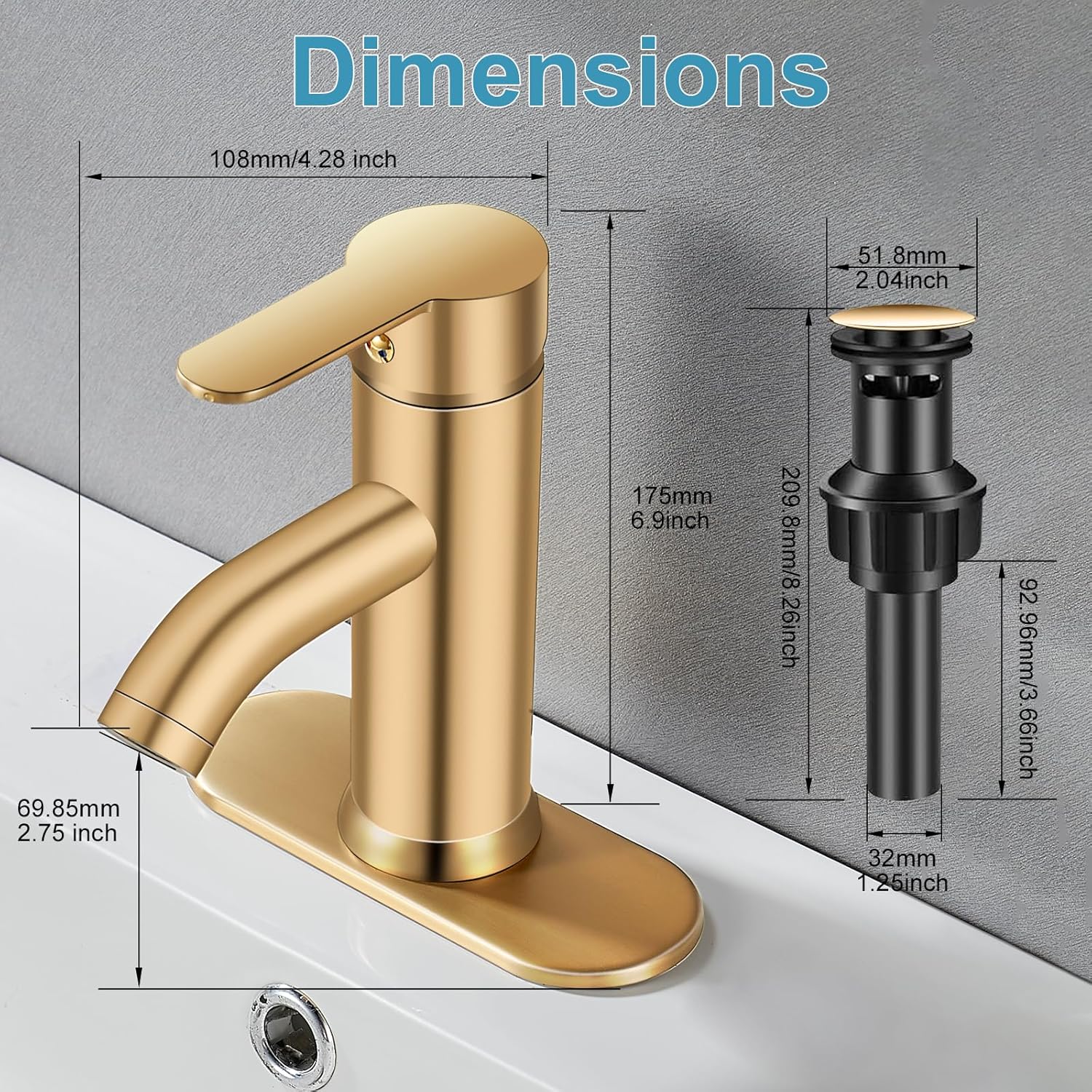 Brushed Gold Bathroom Faucet, Single Handle Sink Faucet, 1 Hole or 3 Hole, Bathroom Vanity Faucet, with Pop-up Drain and Deck