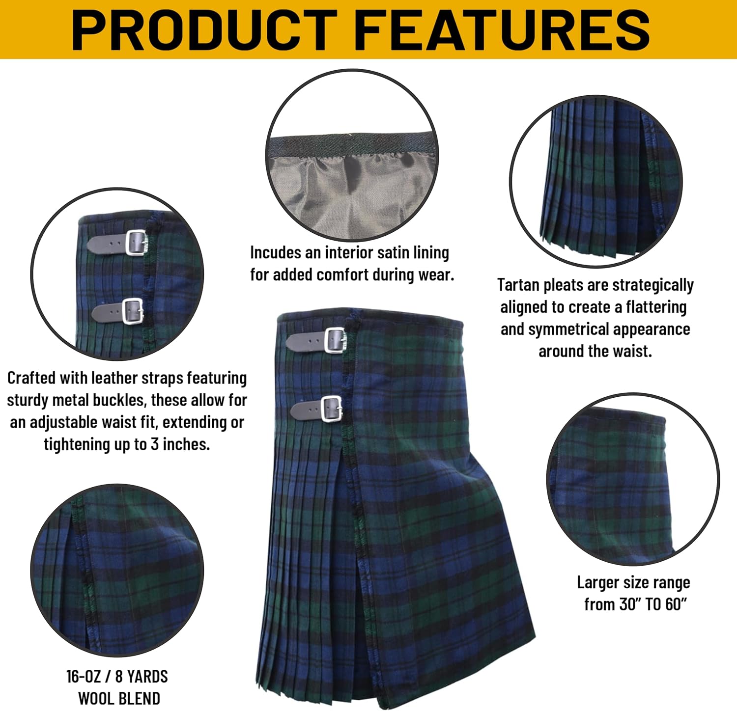 Kilts for Men Thistle Set Scottish Great Highlands Tartan Kilt Outfit - 10 Pieces