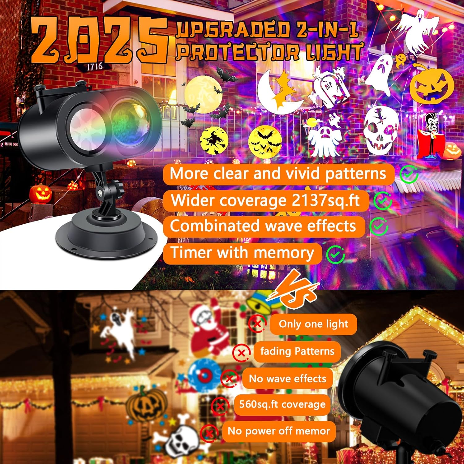 Halloween Projector Lights Outdoor, 2-in-1 HD Moving Patterns Landscape Lights with Remote Control (12 Slides, 15 Colors), Three Fixing Methods, Timer, IP65 Waterproof Halloween Decorations Light