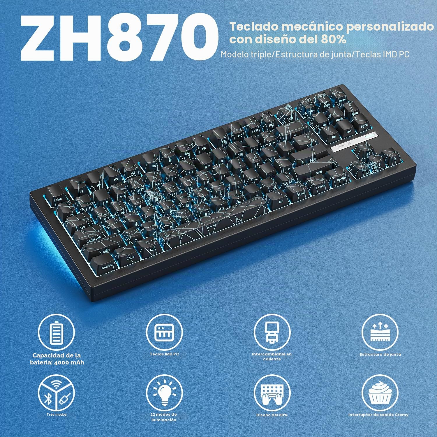 ZORNHER ZH870 Teclado mecánico inalámbrico para juegos, teclado de sonido cremoso personalizado 80%, interruptores lineales prelubricados, intercambiables