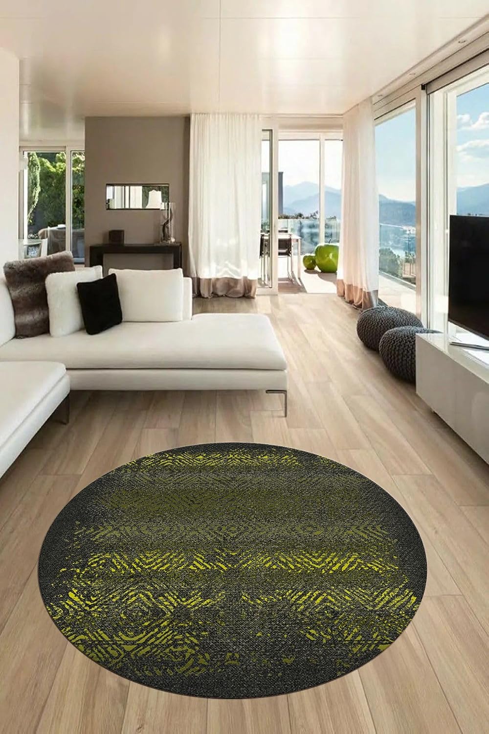 Sade Modern Desen Dijital Kaymaz Taban Yıkanabilir Yuvarlak Mutfak Salon Halısı Y-MODERN-28, Sarı, 180 x 180