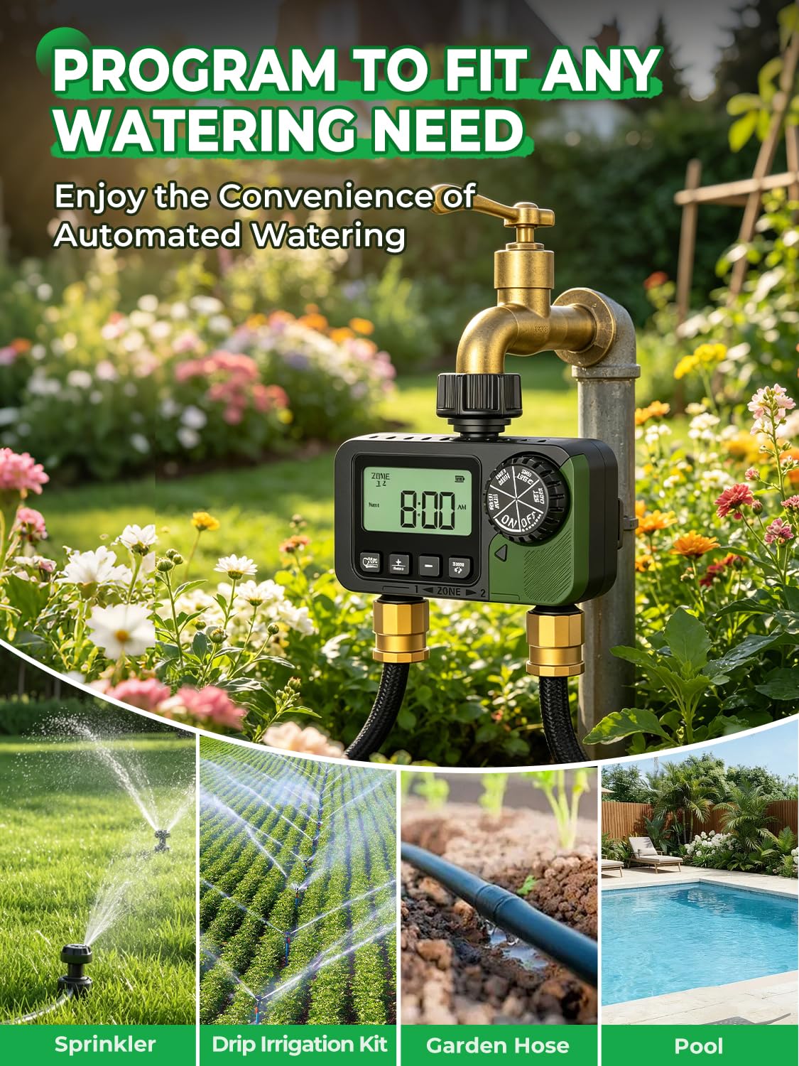 Temporizador de aspersor de 2 tomas, temporizador programable de manguera de agua con retardo de lluvia/sistema de riego manual/automático, riego automático digital al aire libre para jardín, patio
