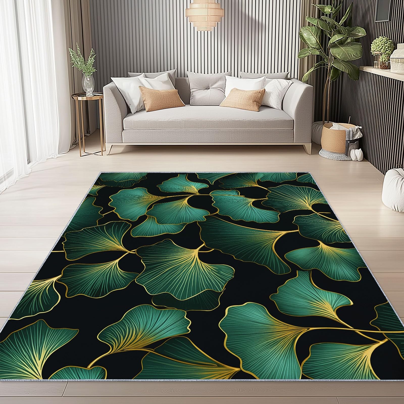 Dywan 80 x 150 cm antypoślizgowy ciemnozielony złoty, elegancki luksusowy liść miłorzębu tekstura prostokątne miękkie dywaniki do salonu, dekoracja domu dywan można prać w pralce